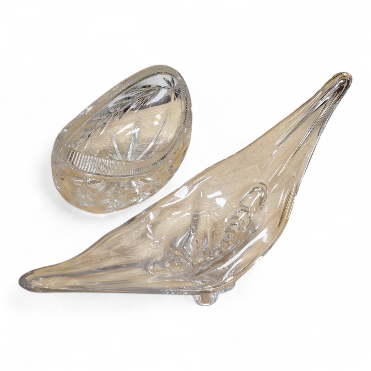 A 1950’s-60’s free form glass vase and a heavy cut glass navette shaped bowl, free form vase 62cm wide